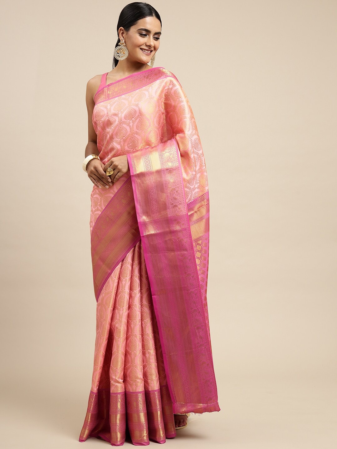 

Anaita Ethnic Motifs Woven Design Zari Pure Silk Banarasi Saree, Peach