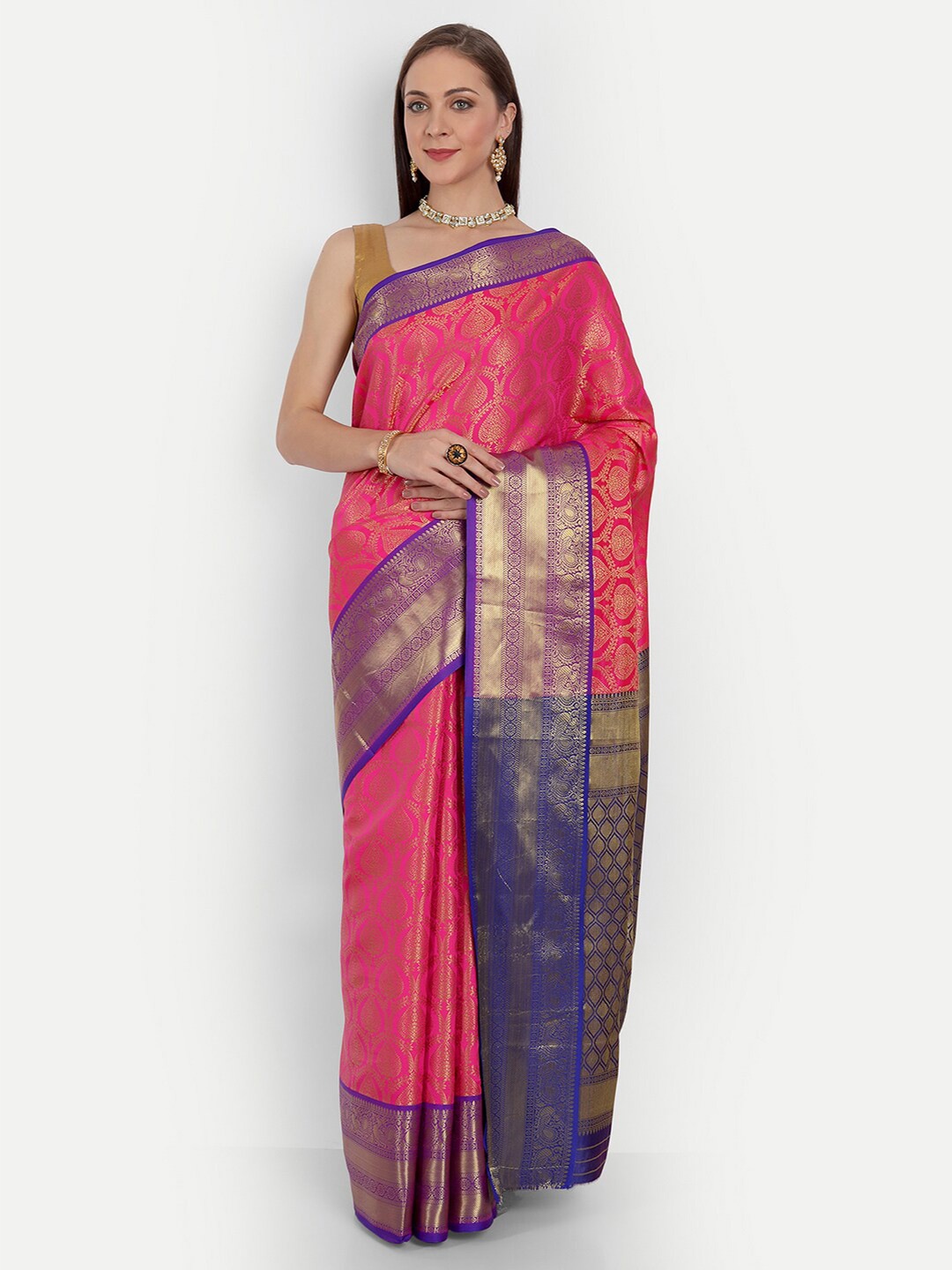 

Anaita Ethnic Motifs Woven Design Zari Pure Silk Banarasi Saree, Pink