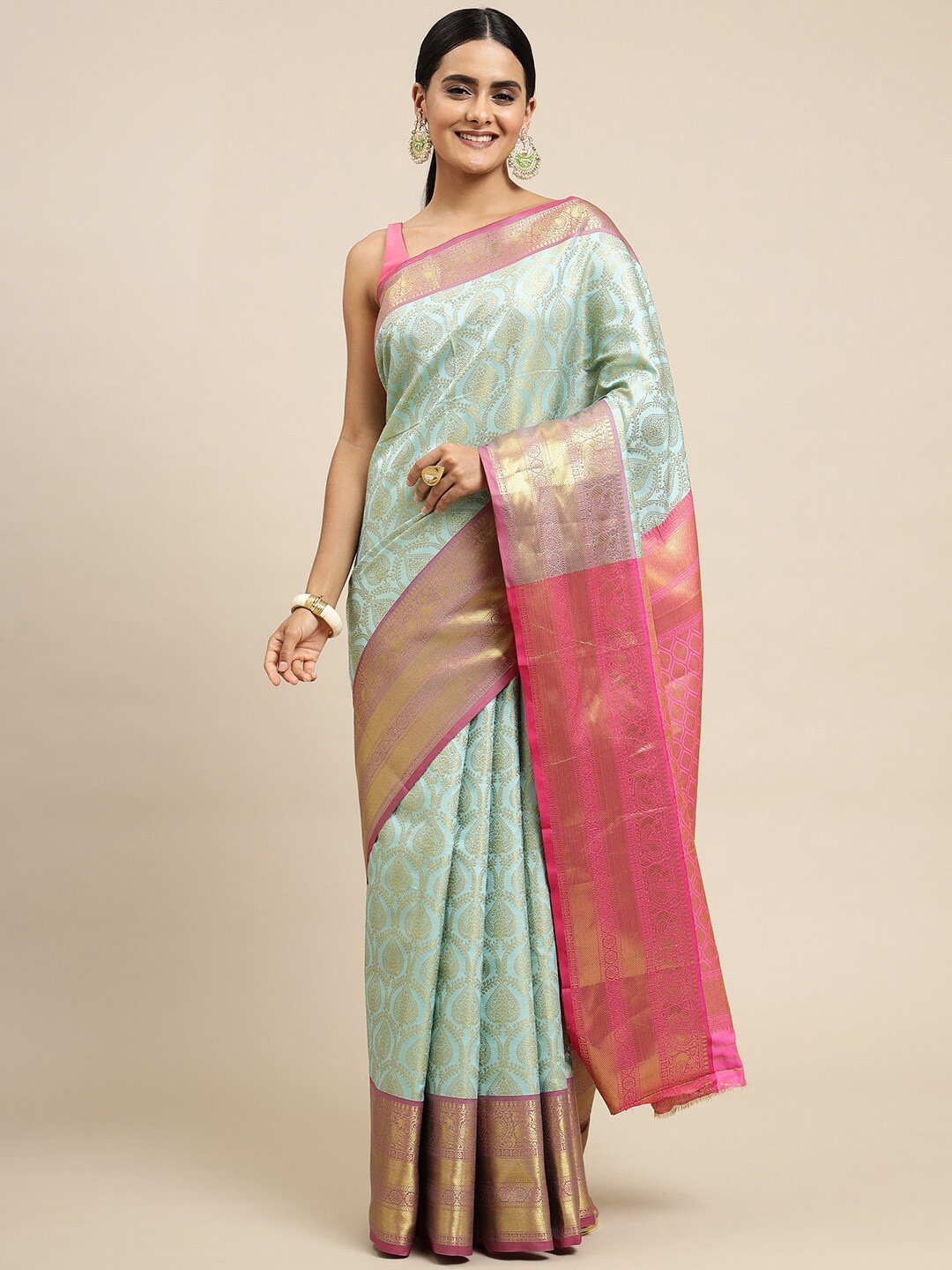 

Anaita Ethnic Motifs Woven Design Zari Pure Silk Banarasi Saree, Turquoise blue