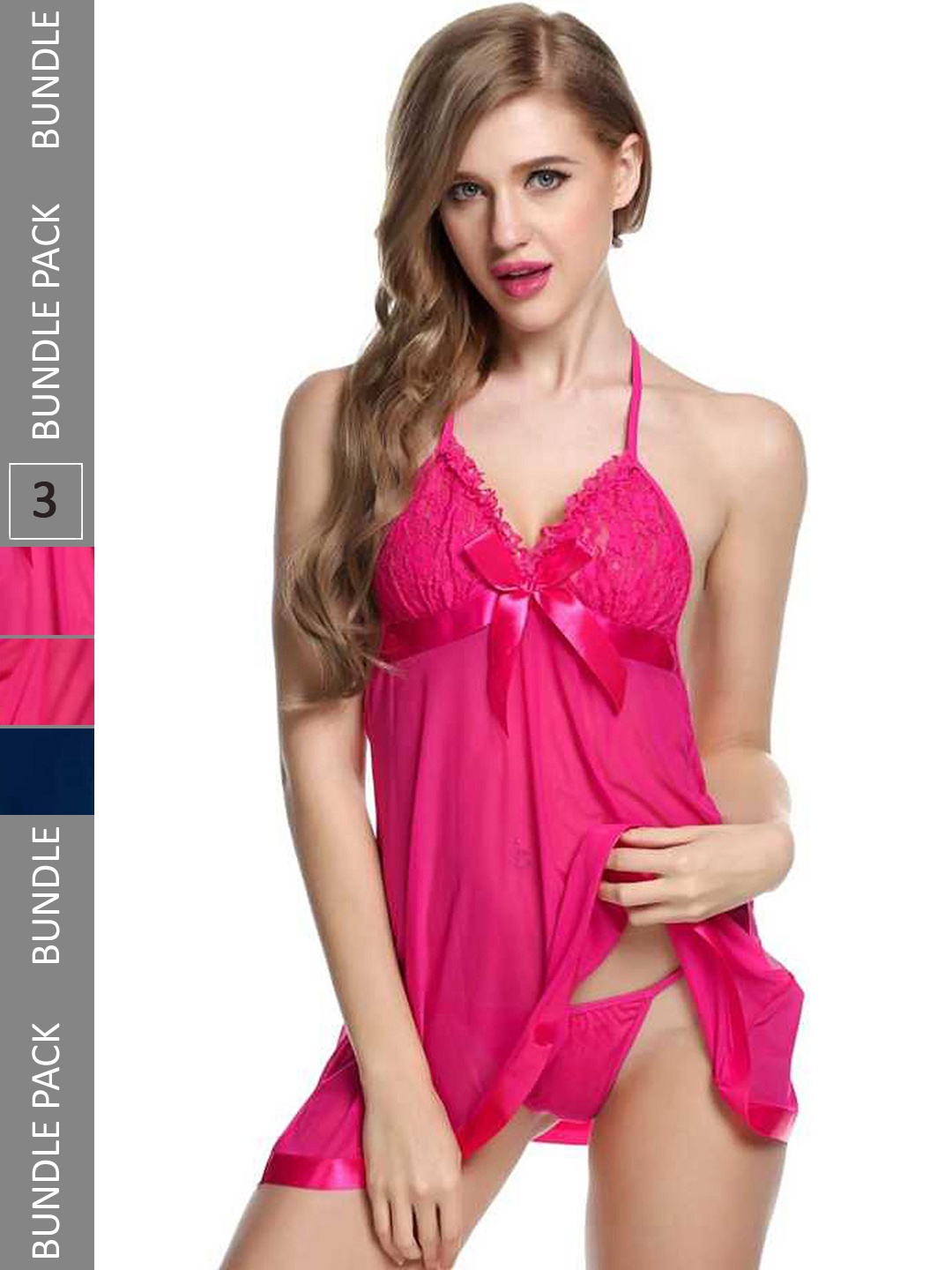 

AROUSY Pack of 3 Self Design Halter Neck Net Baby Doll, Pink