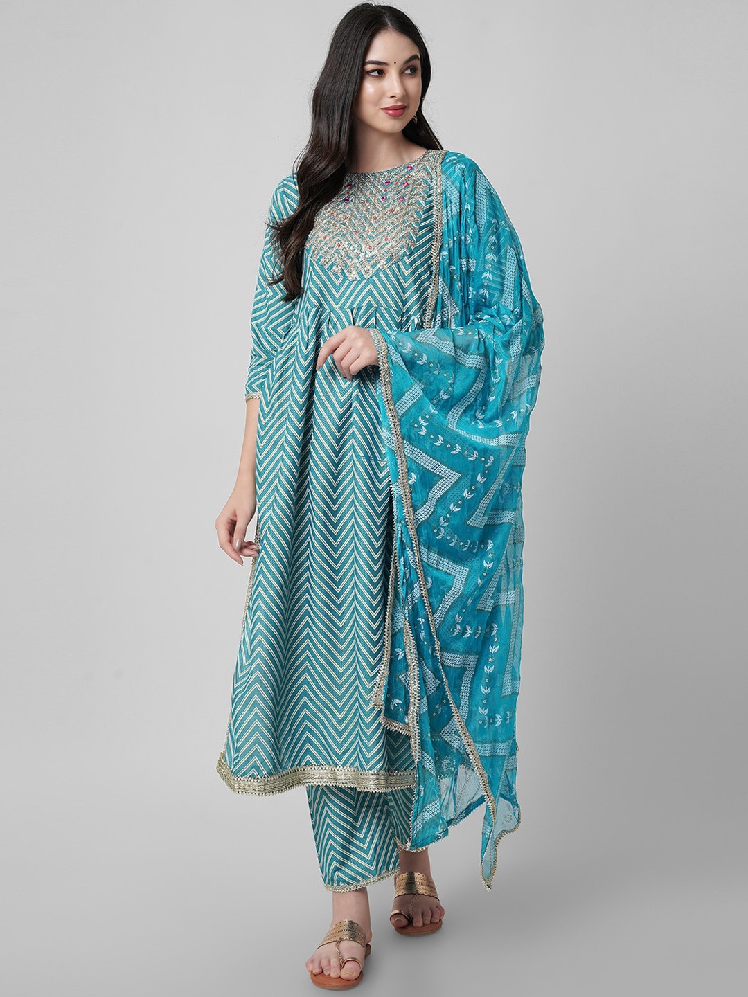 

Amayra Women Chevron Printed Thread Work A-Line Kurta & Trousers with Dupatta, Blue