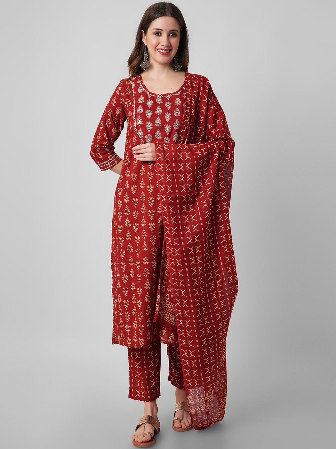 

Amayra Women Ethnic Motifs Printed Mirror Work Pure Cotton Kurta With Trousers & Dupatta, Red