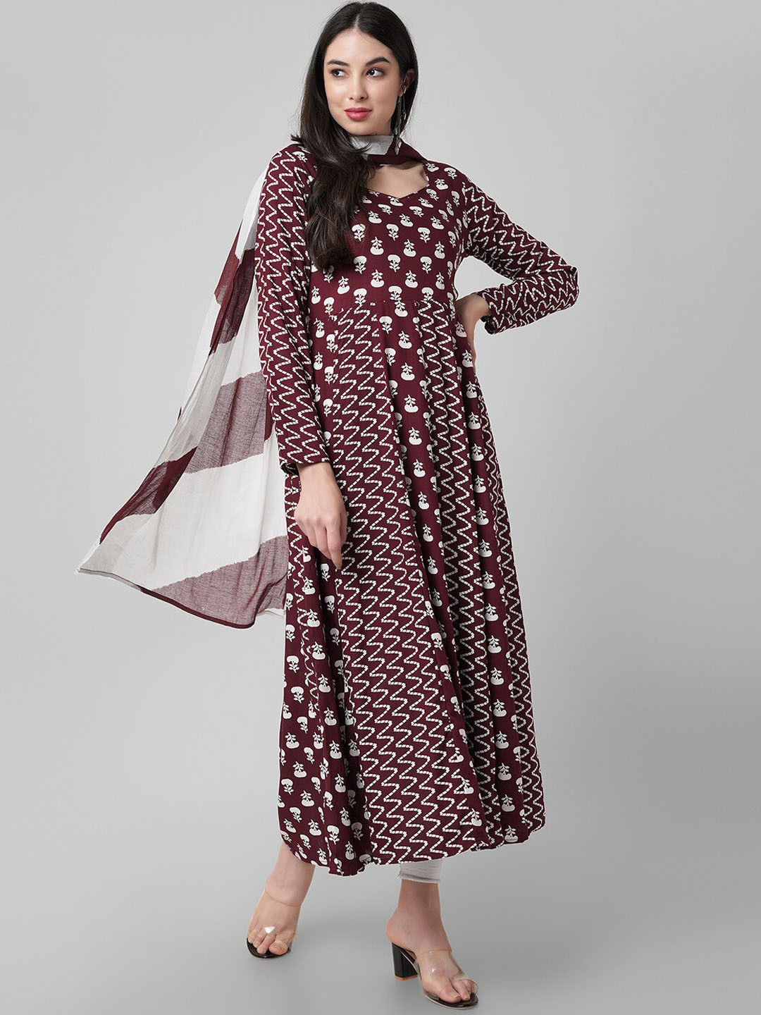 

Amayra Floral Printed Flared Straight Kurta With Dupatta, Brown
