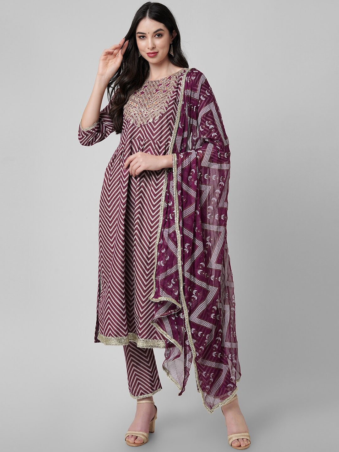 

Amayra Women Chevron Printed Thread Work A-Line Kurta & Trousers with Dupatta, Purple