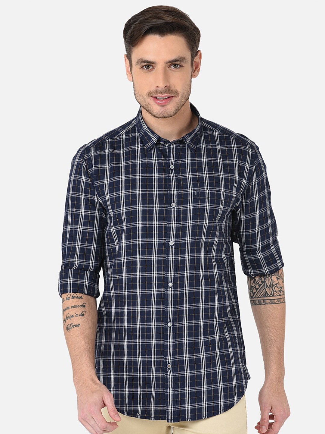 

MOZZO Classic Slim Fit Checked Cotton Casual Shirt, Navy blue