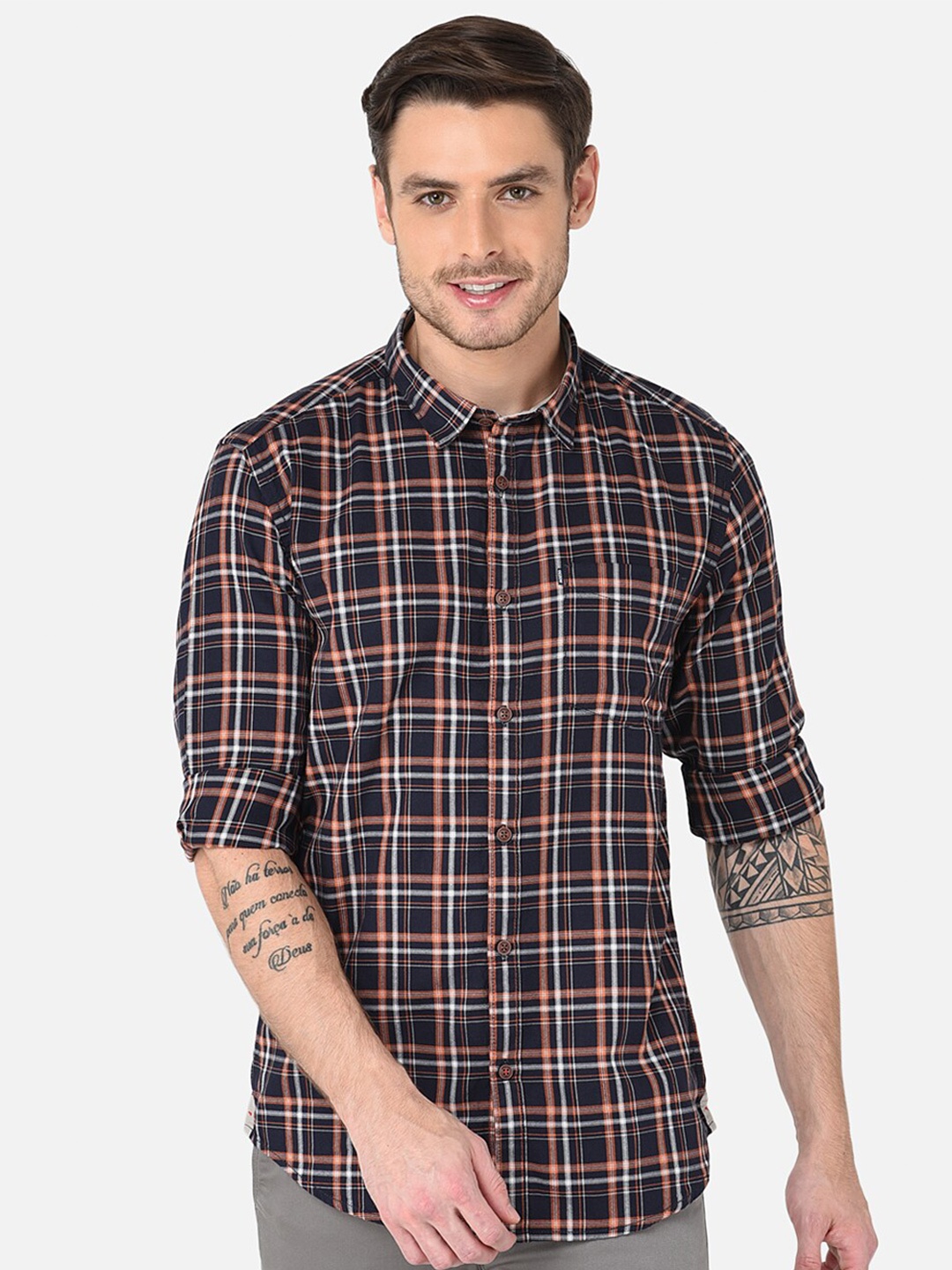 

MOZZO Cutaway Collar Checked Printed Pocket Classic Slim Fit Cotton Casual Shirt, Black