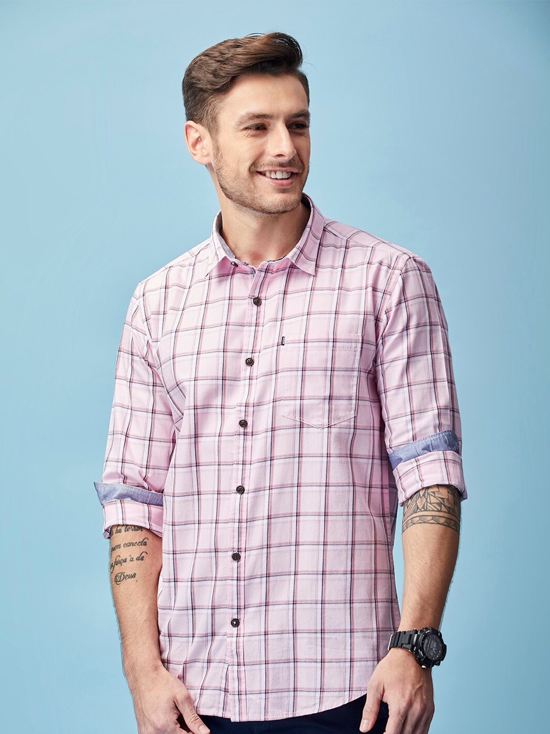 

MOZZO Classic Slim Fit Windowpane Checked Cotton Casual Shirt, Pink
