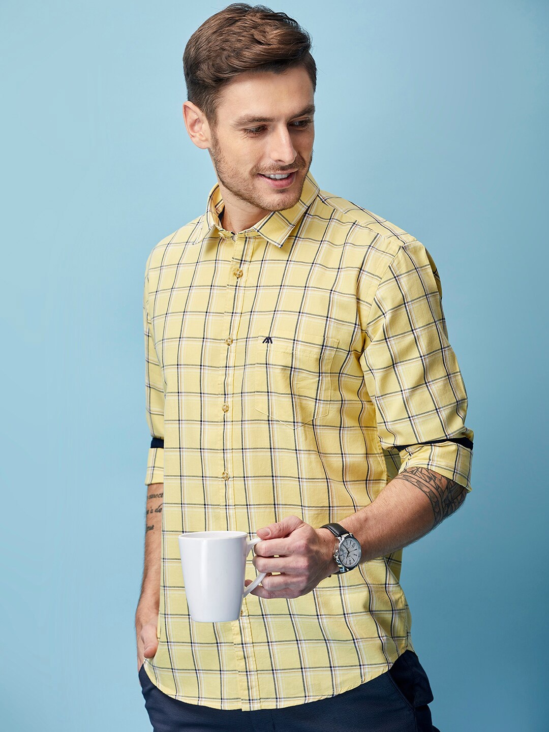 

MOZZO Classic Windowpane Checked Casual Shirt, Yellow