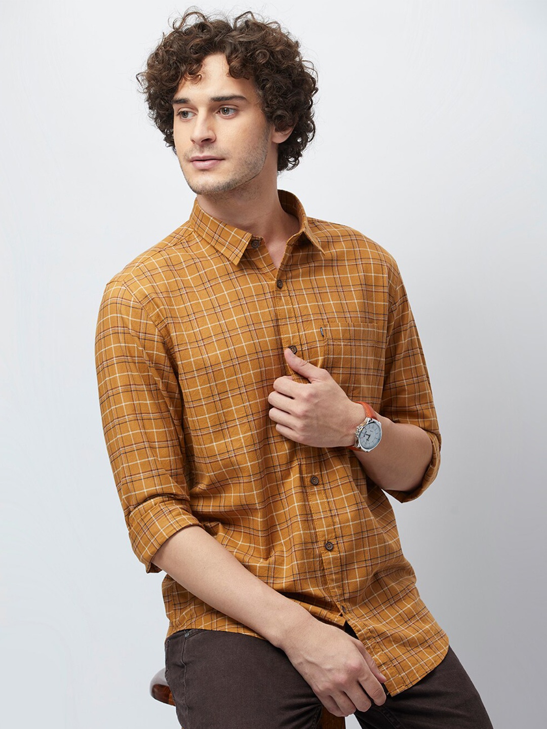 

MOZZO Classic Slim Fit Checked Cotton Casual Shirt, Mustard