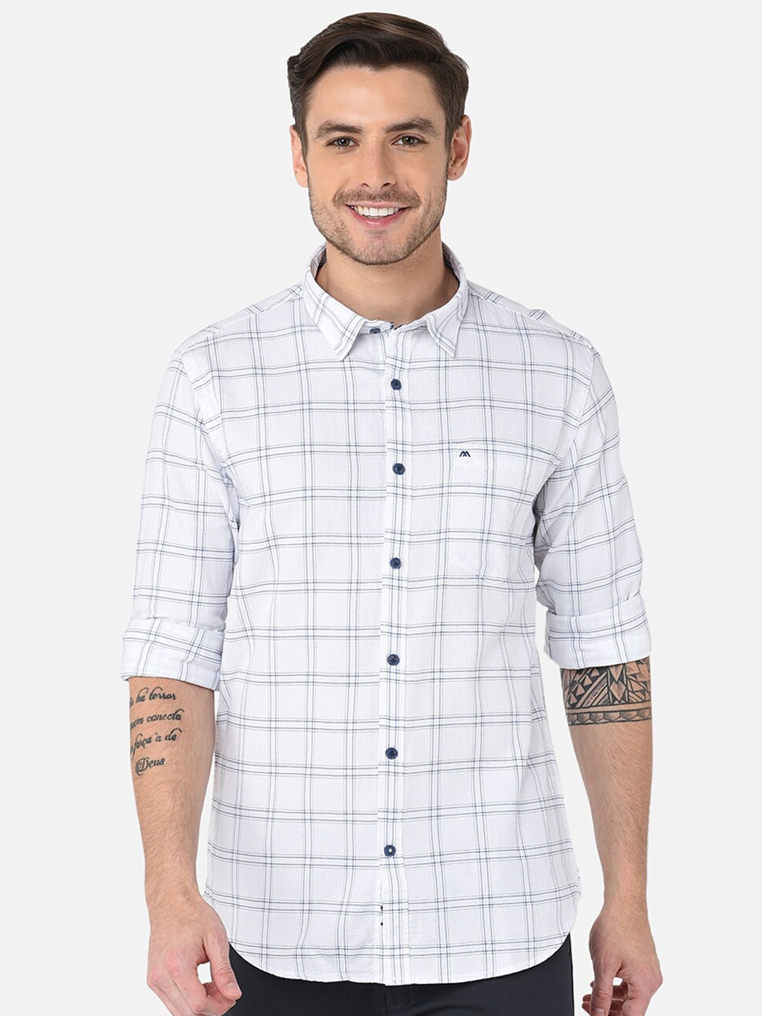 

MOZZO Classic Slim Fit Checked Cotton Casual Shirt, White