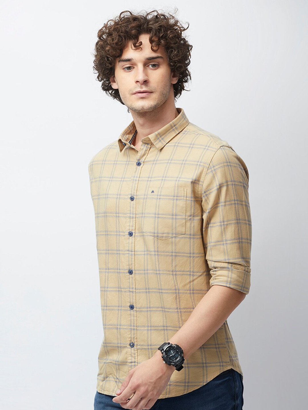 

MOZZO Classic Slim Fit Tartan Checked Cotton Casual Shirt, Beige