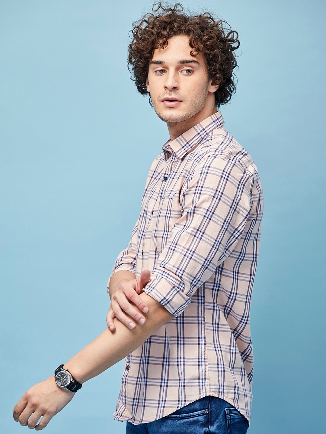 

MOZZO Classic Tartan Checks Cotton Casual Shirt, Peach