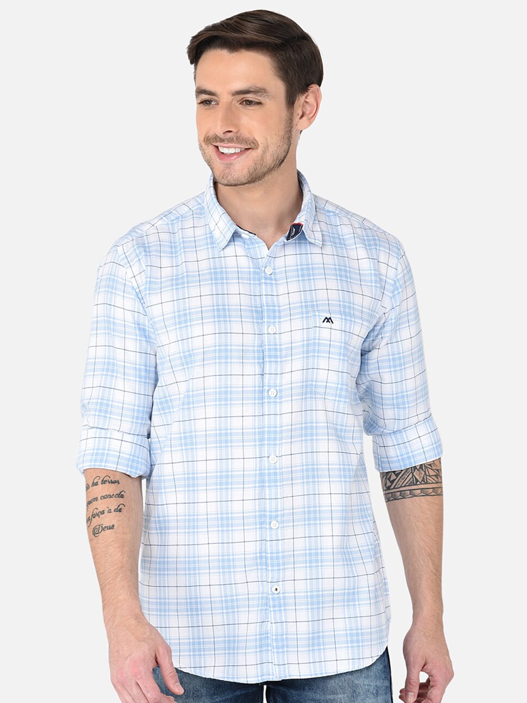

MOZZO Classic Slim Fit Tartan Checked Cotton Casual Shirt, Blue