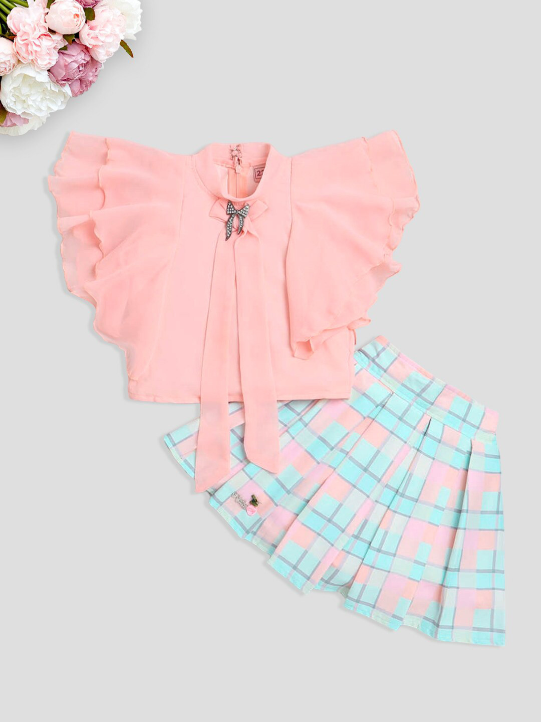 

The Magic Wand Girls Checked Skirt High Neck Top With Skirt, Peach