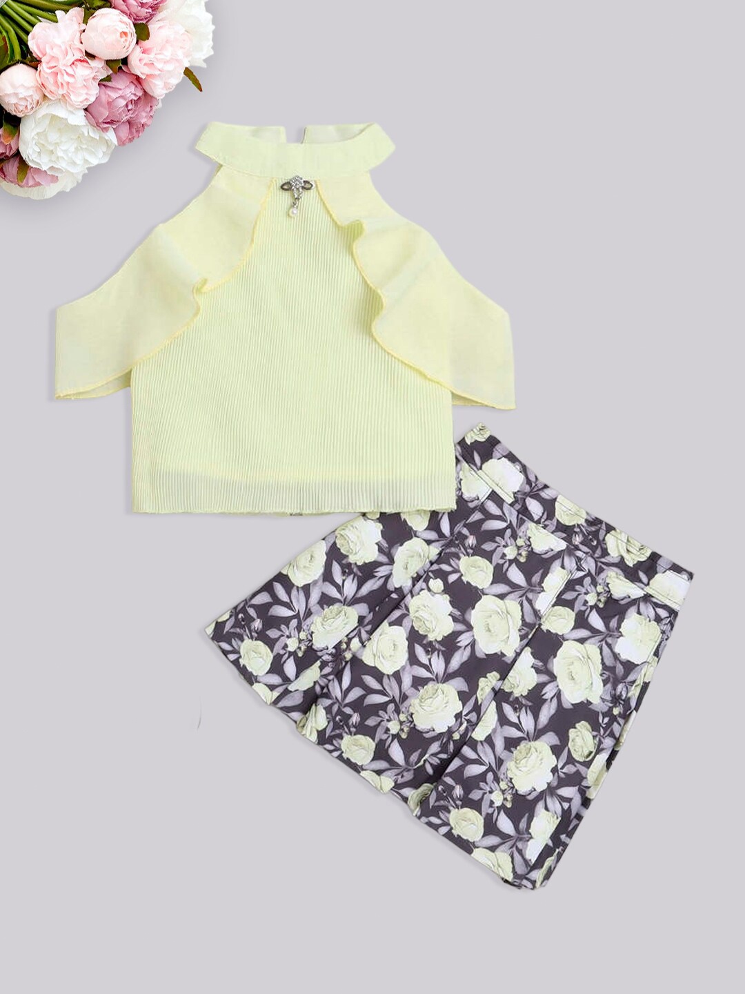 

The Magic Wand Girls Floral Printed Skirt Halter Neck Top With Skirt, Yellow