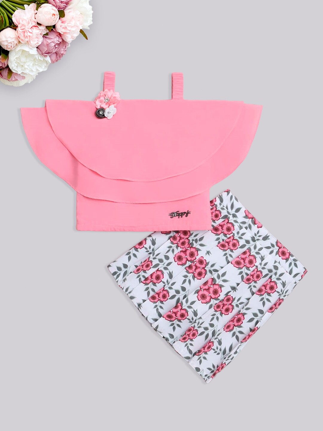 

The Magic Wand Girls Floral Printed Skirt Off-Shoulder Top With Skirt, Peach