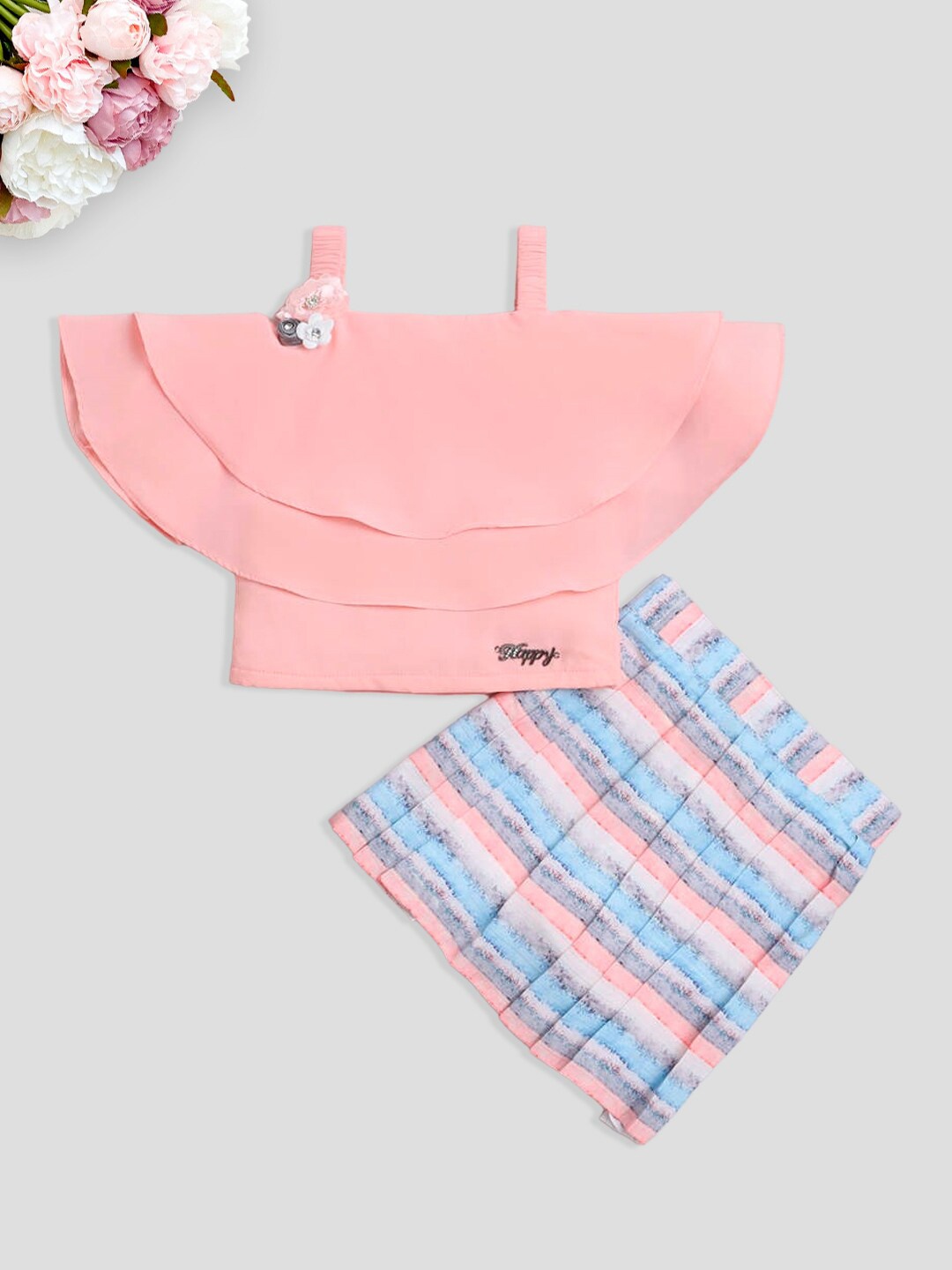 

The Magic Wand Girls Checked Skirt Off-Shoulder Top With Skirt, Peach