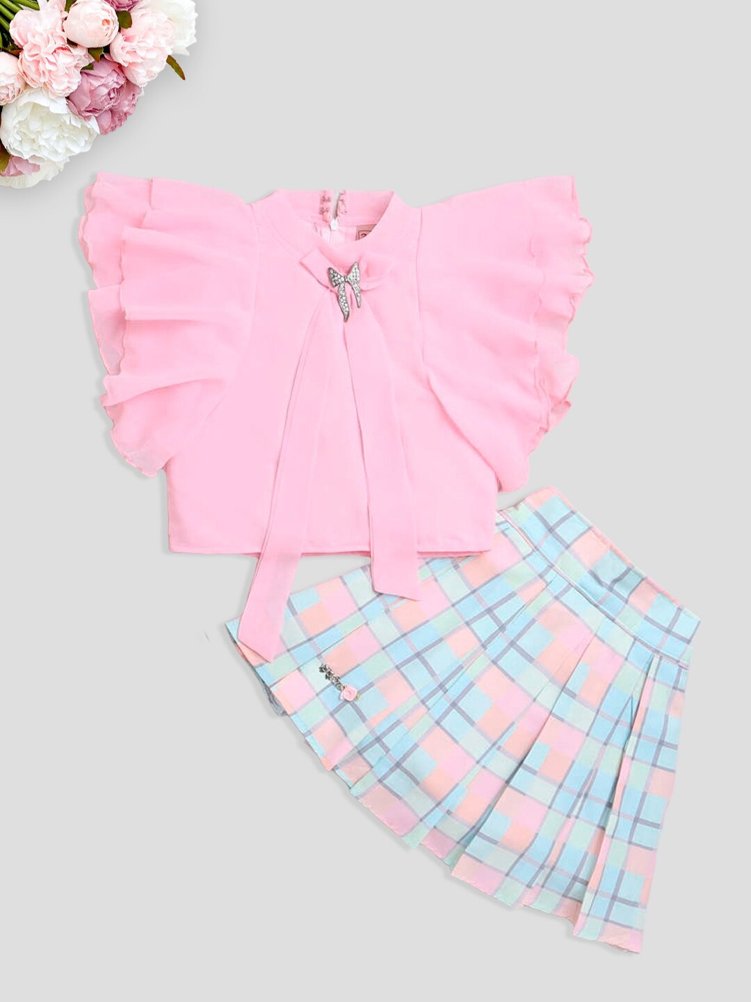 

The Magic Wand Girls Printed Skirt High Neck Top With Skirt, Pink