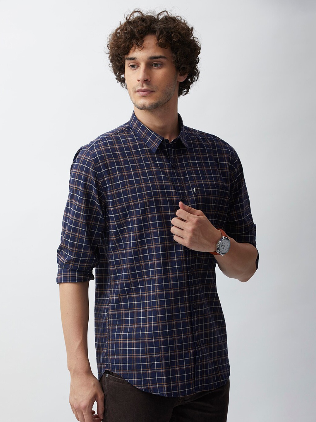 

MOZZO Classic Slim Fit Checked Cotton Casual Shirt, Navy blue