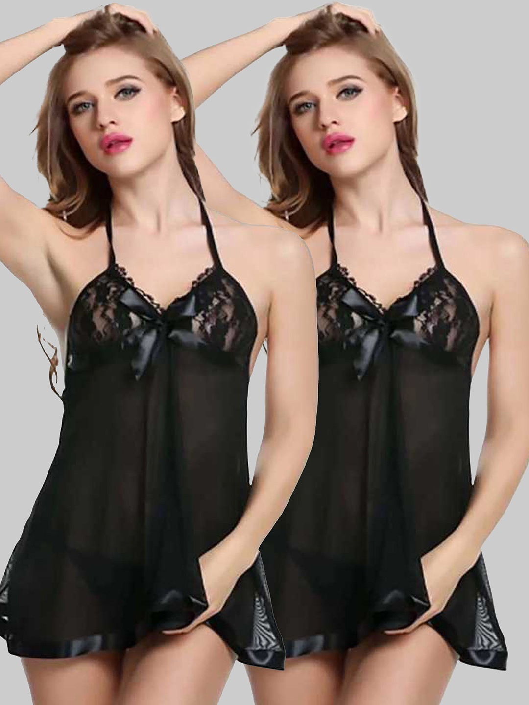 

Aamarsh Pack of 2 Self Design Halter Neck Net Baby Doll, Black