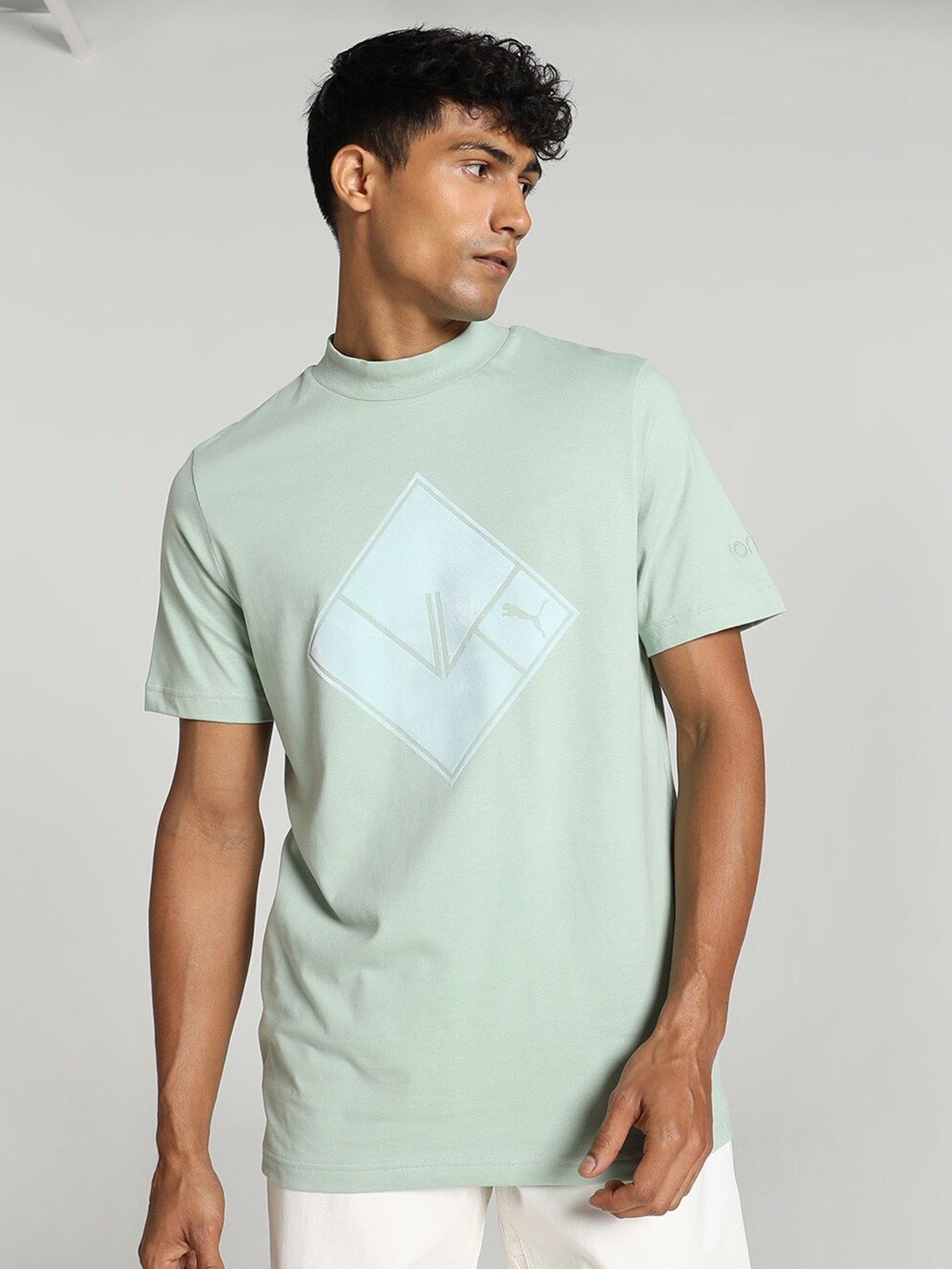 

one8 x PUMA Geometric Printed High Neck Cotton T-shirt, Green