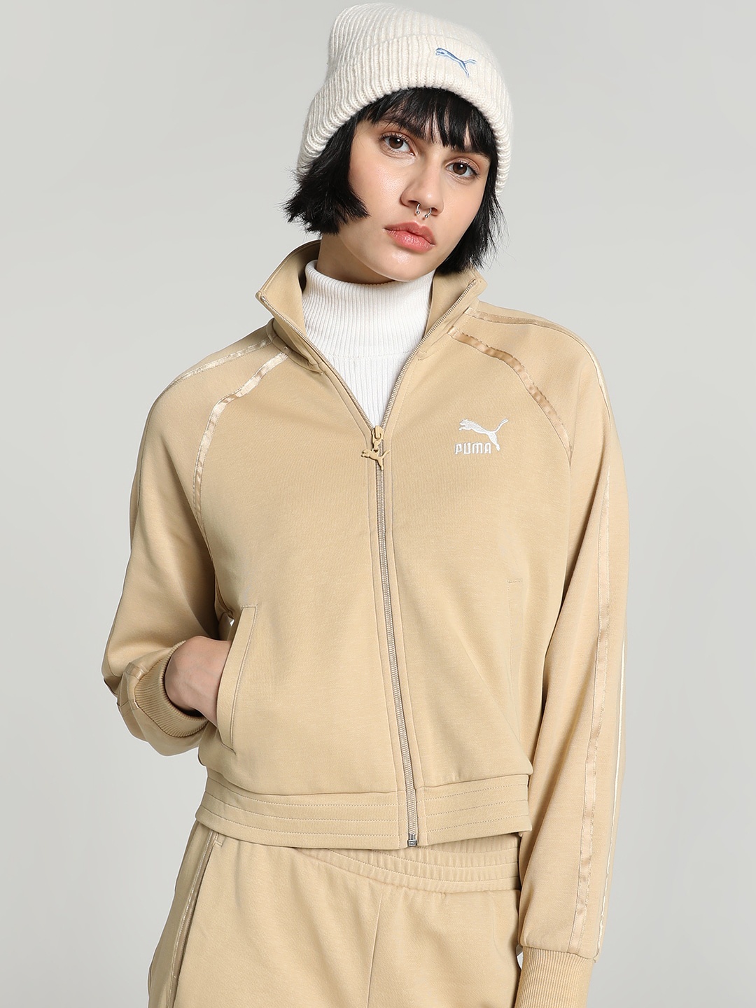 

Puma Women T7 Logo Printed Cotton Sporty Jacket, Beige