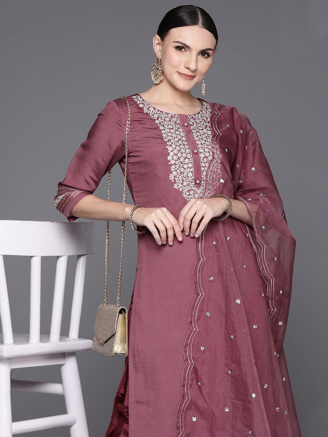 

Indo Era Women Floral Yoke Design Regular Kurta with Trousers & Dupatta, Mauve