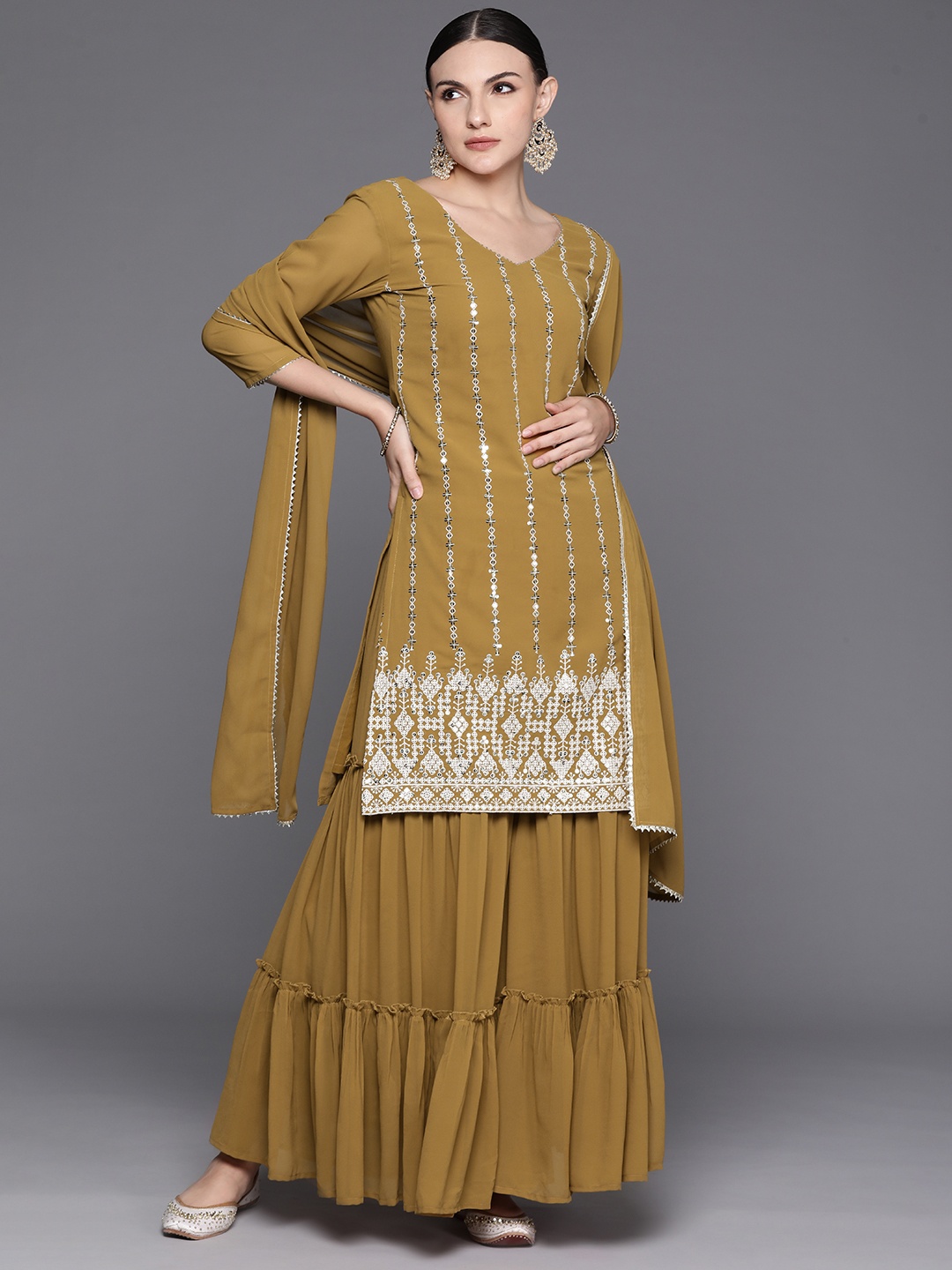 

Indo Era Women Regular Sequinned Kurta with Sharara & With Dupatta, Olive