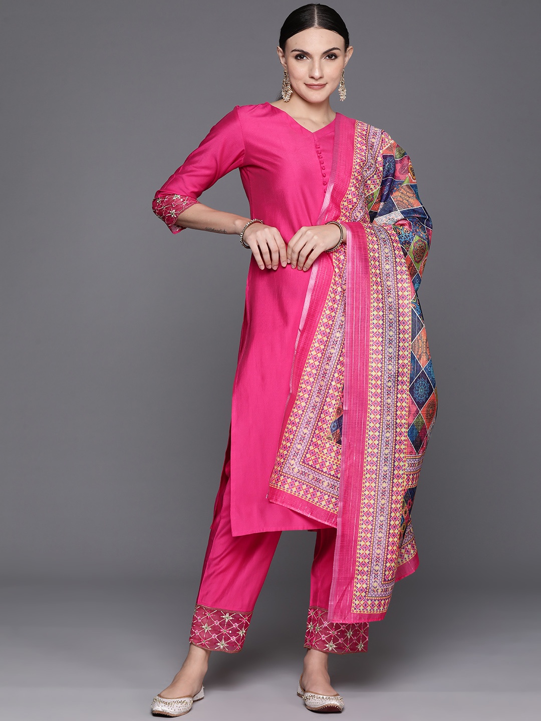 

Indo Era Women Embroidered Regular Thread Work Liva Kurta with Trousers & With Dupatta, Pink
