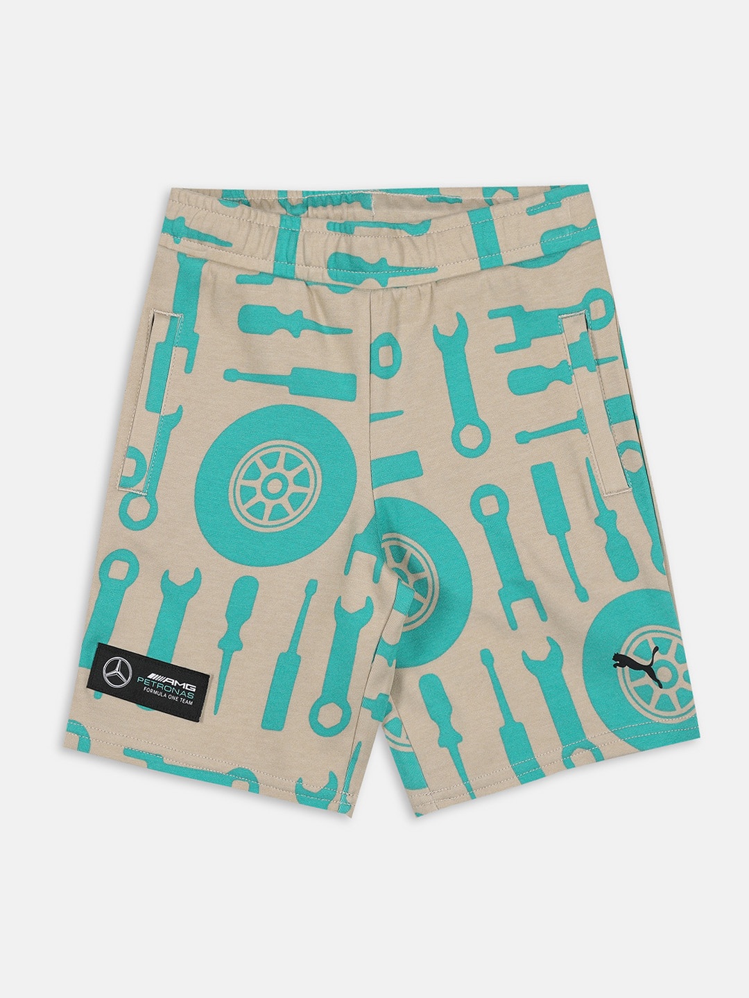 

Puma Kids Kids Mercedes AMG Petronas F1 All Over Print Regular Fit Cotton Sports Shorts, Beige