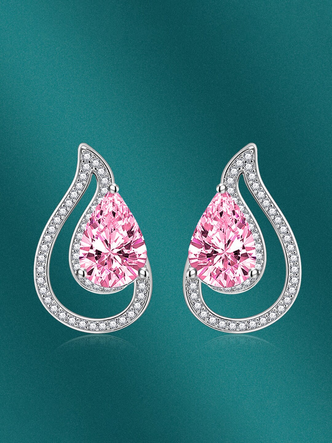 

Designs & You Silver-Plated Cubic Zirconia-Studded Teardrop Shaped Studs Earrings