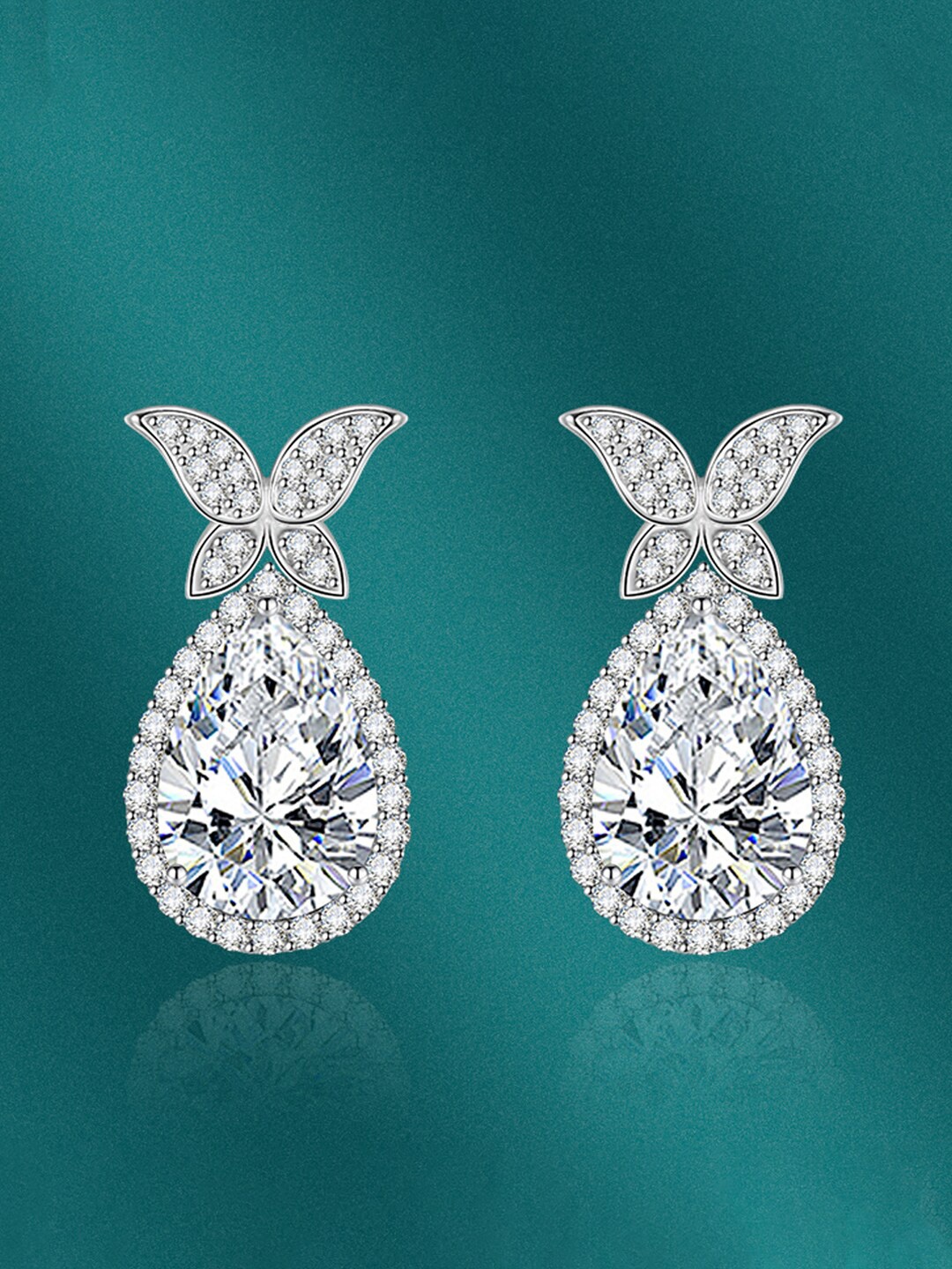 

Designs & You Silver-Plated Cubic Zirconia Teardrop Shaped Drop Earrings