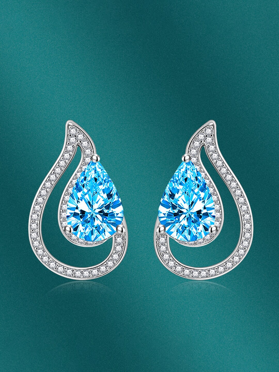 

Designs & You Cubic Zirconia Silver Plated Teardrop Shaped Studs Earrings, Blue