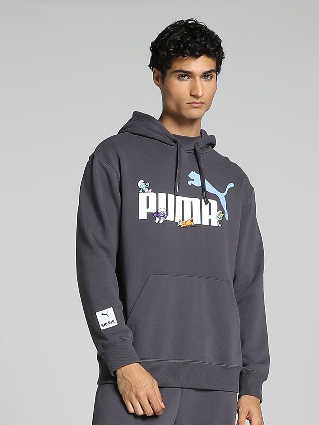 

Puma THE SMURFS Logo Printed Detail Hooded Pullover Sweatshirt, Grey