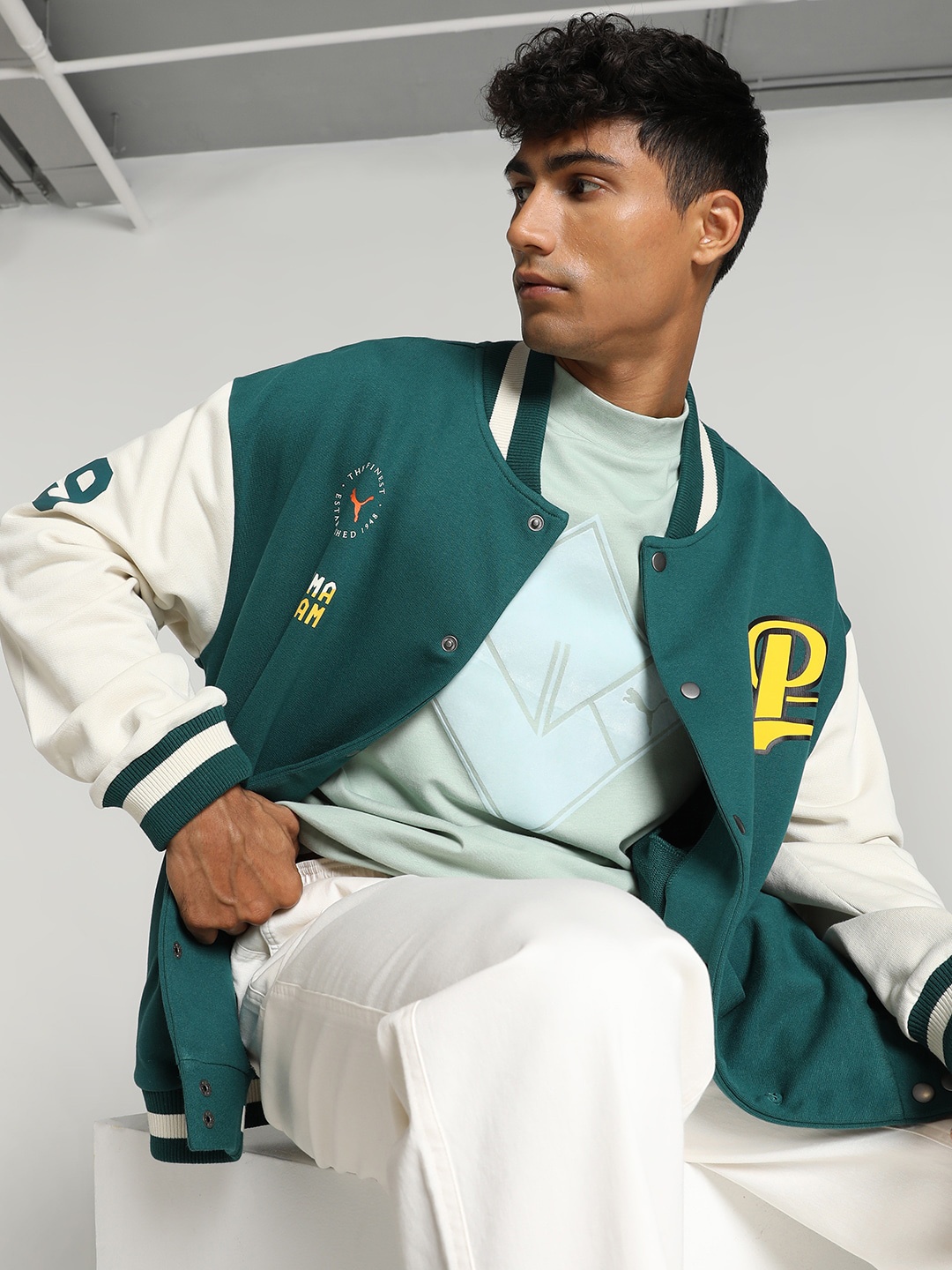 

Puma Printed PUMA x HARRDY SANDHU Cotton Varsity Jacket, Green