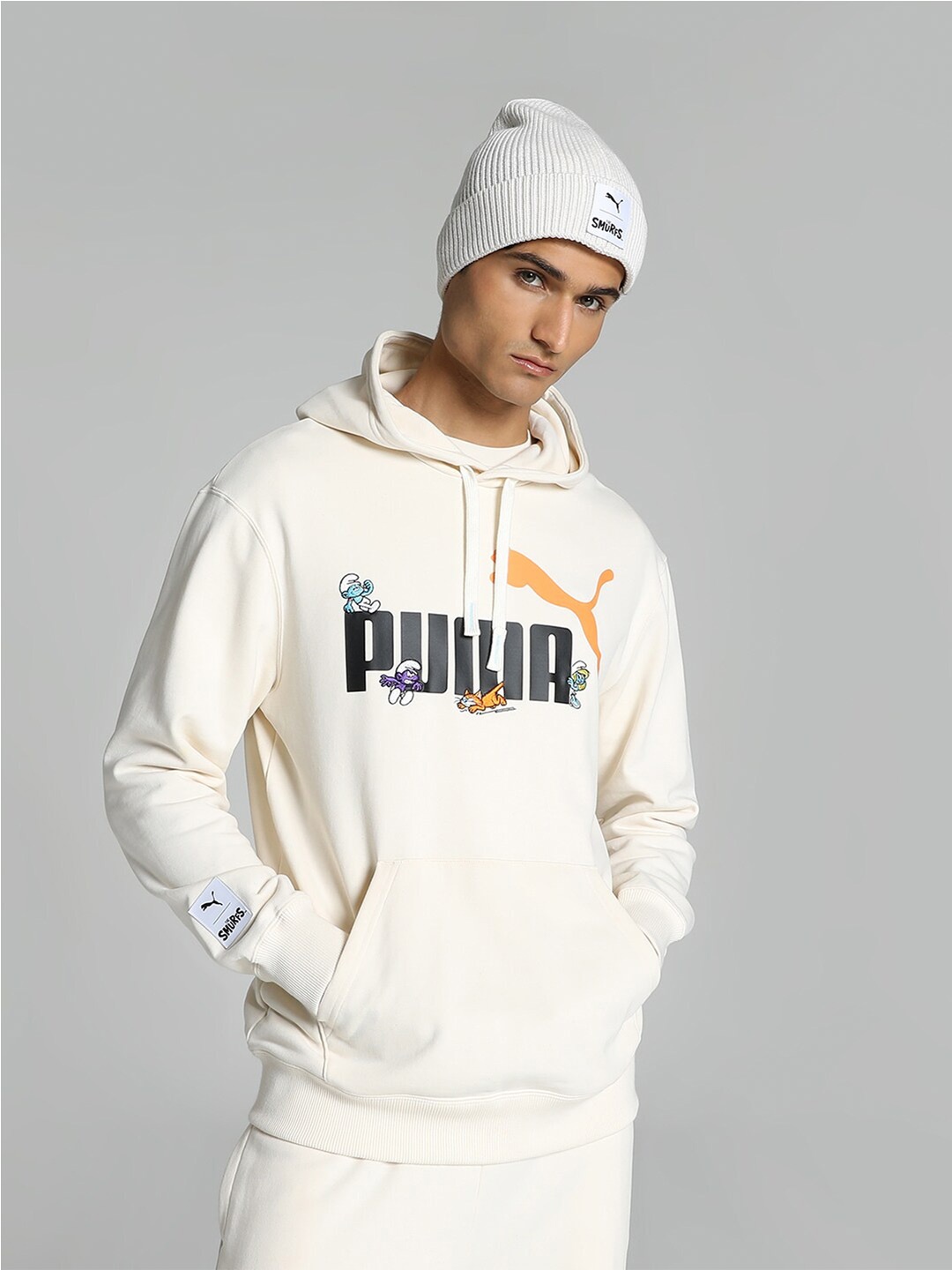 

Puma x THE SMURFS Men Printed Cotton Hooded Pullover Sweatshirt, Cream