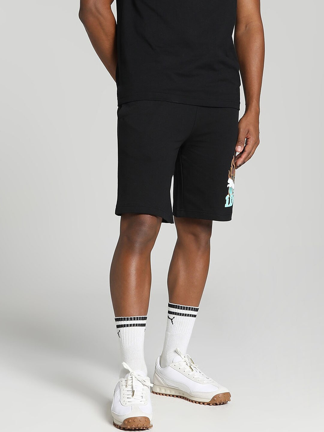 

Puma Graphic With Logo Printed Mid Rise Cotton Shorts, Black