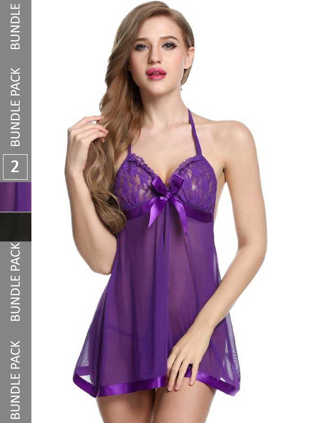 

PIBU Pack of 2 Net Halter Neck Baby Doll with High-Low, Purple