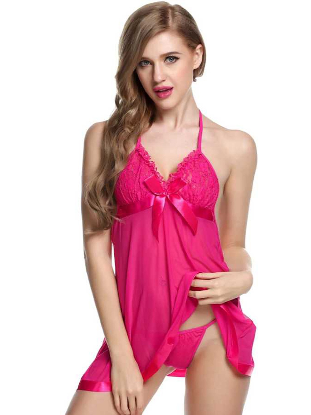 

PIBU Self Design Halter Neck Net Baby Doll, Pink