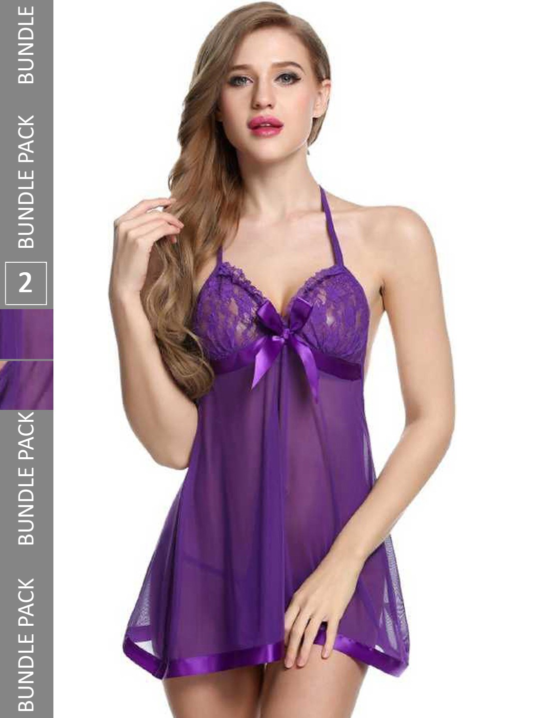 

PIBU Pack of 2 Self Design Halter Neck Net Baby Doll, Purple