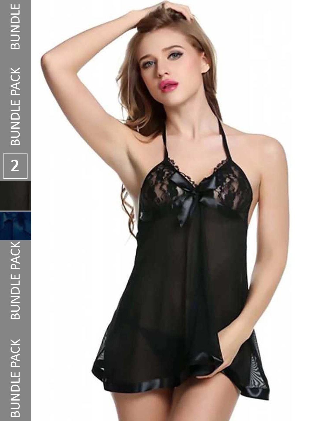 

PIBU Pack of 2 Net Halter Neck Baby Doll, Black