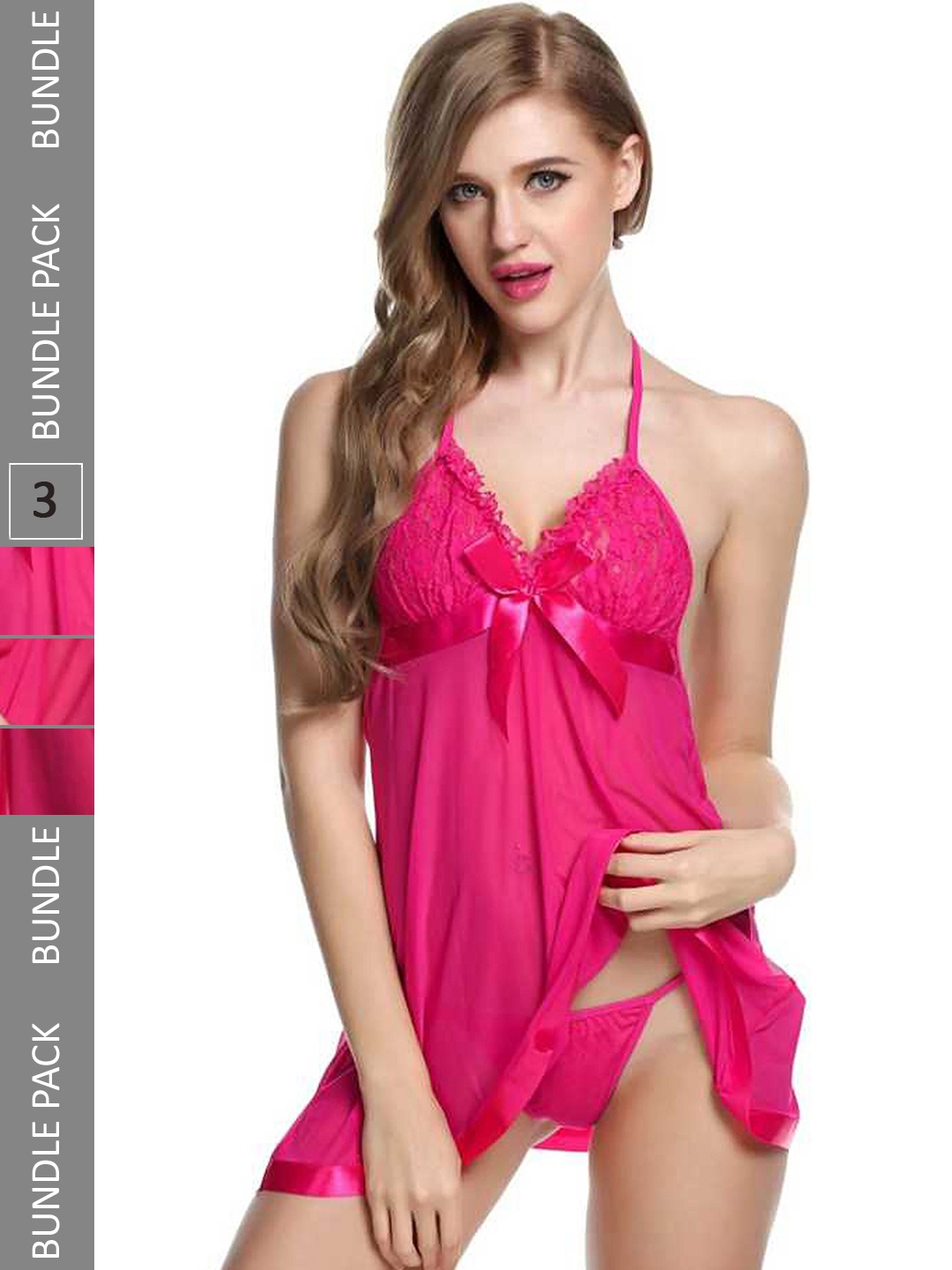 

PIBU Pack of 3 Net Halter Neck Baby Doll with High-Low, Pink