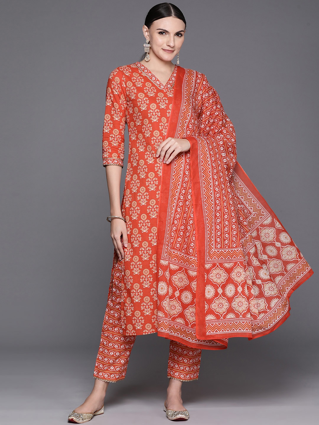 

Indo Era Women Ethnic Motifs Printed Pure Cotton Kurta with Trousers & With Dupatta, Red