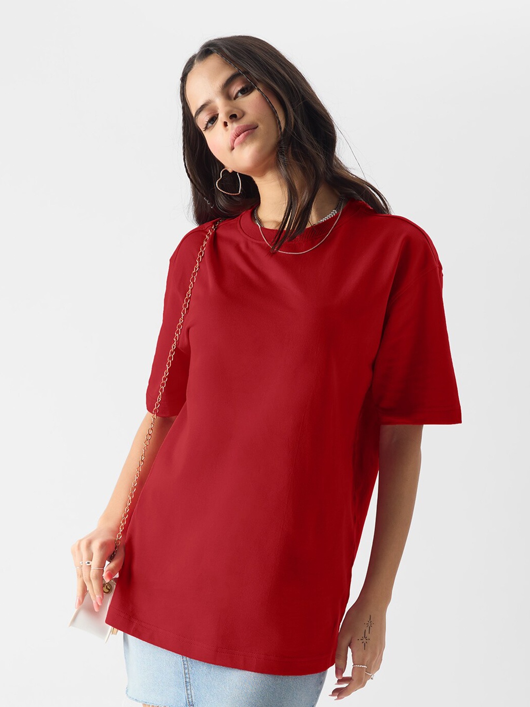 

The Souled Store Round Neck Drop Shoulder Sleeve Oversized Fit Cotton T-Shirt, Maroon