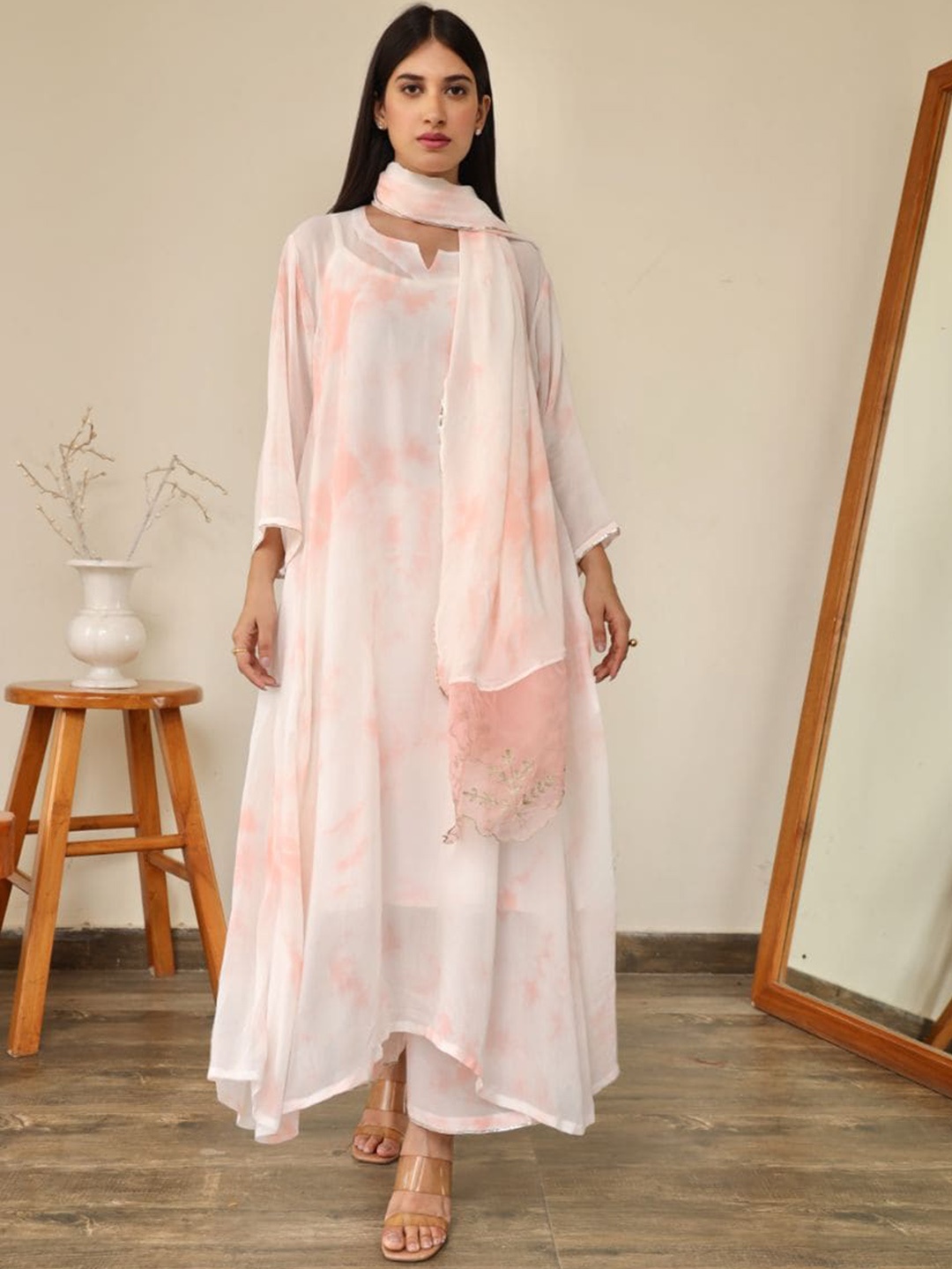 

ASRUMO Abstract Dyed Georgette A-line Kurta With Trousers & Dupatta, Pink