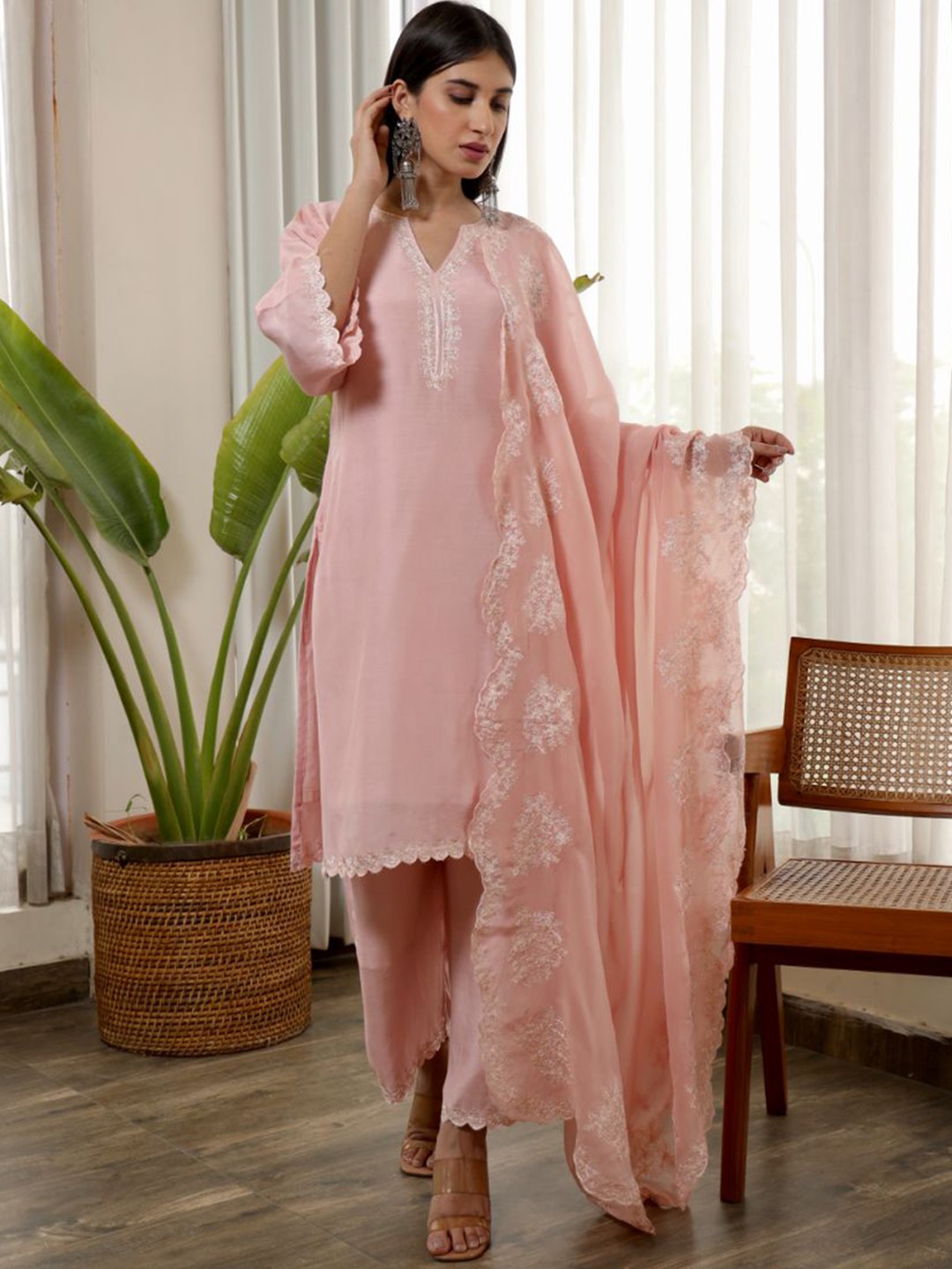 

ASRUMO Embroidered Straight Kurta with Palazzos & With Dupatta, Pink