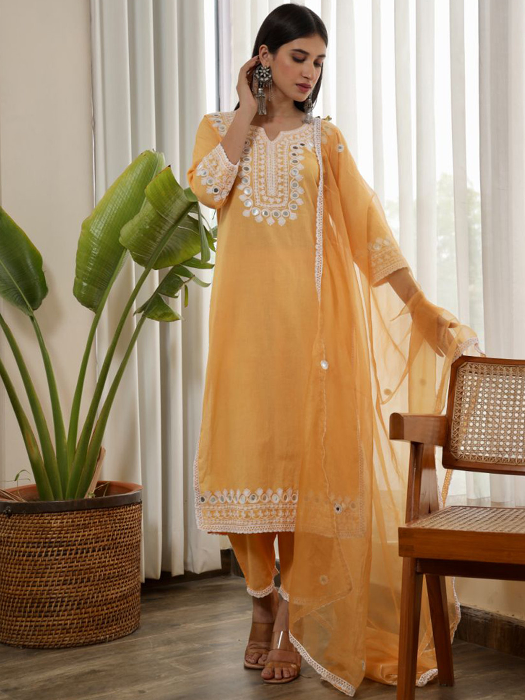 

ASRUMO Ethnic Motifs Embroidered Mirror Work Pure Cotton Kurta & Trousers with Dupatta, Yellow