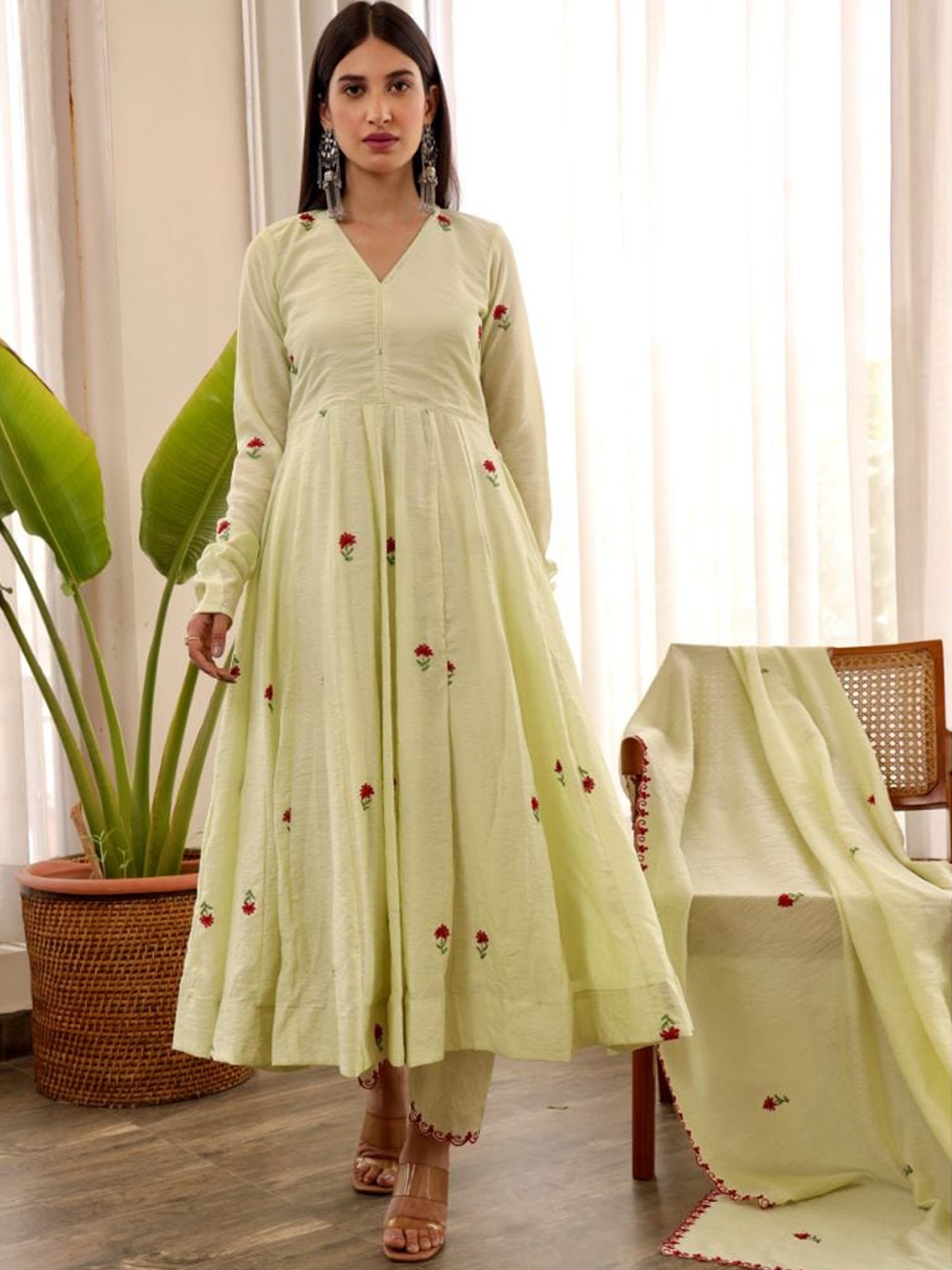 

ASRUMO Floral Embroidered Chanderi Cotton Anarkali Kurta & Trousers with Dupatta, Lime green