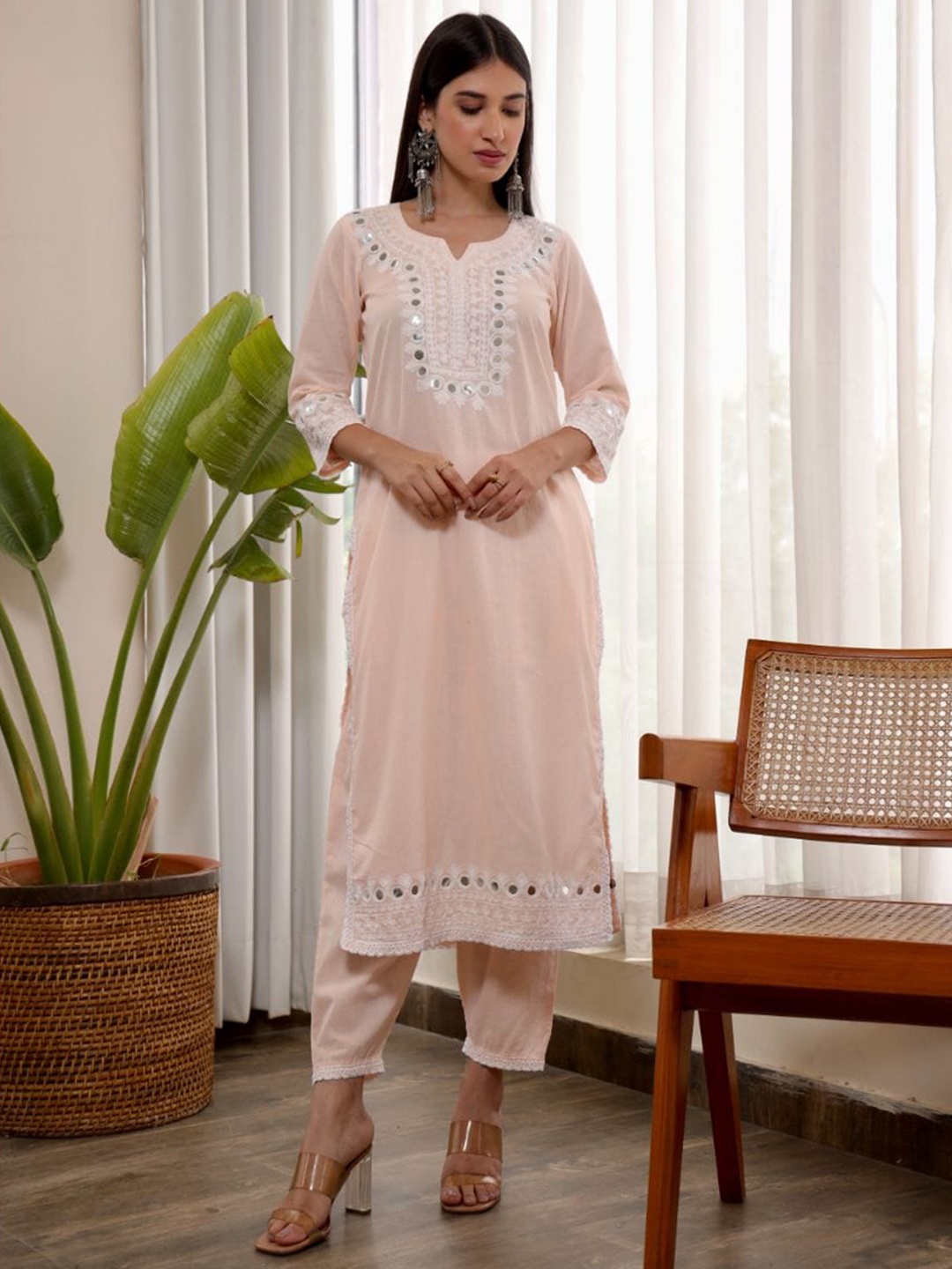 

ASRUMO Embroidered Regular Mirror Work Pure Cotton Kurta With Trousers & Dupatta, Pink