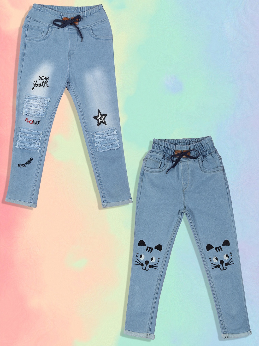 

A-Okay Girls Pack Of 2 Slim Fit High-Rise Highly Distressed Embroidered Cotton Jeans, Blue